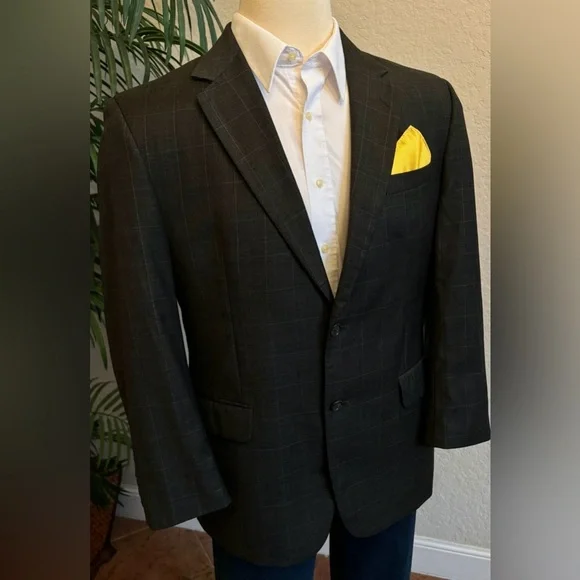 JOS A BANK MENS BLAZER JACKET MENS SIZE 42R SPORT COAT CHARCOAL GRAY WINDOWPANE
